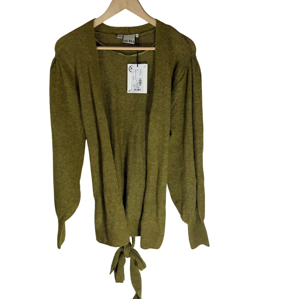 ICHI Kamara Ca Olive Green Tie Back Puff Sleeve Cardigan Sweater NWT Large